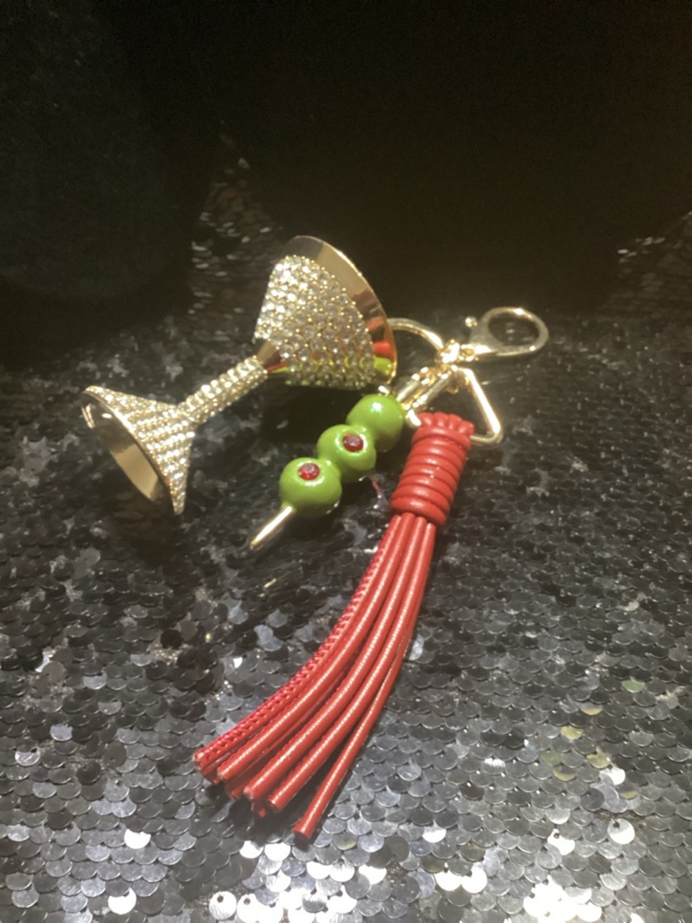 Gold Martini and Olives with Red Tassel Keychain Charm